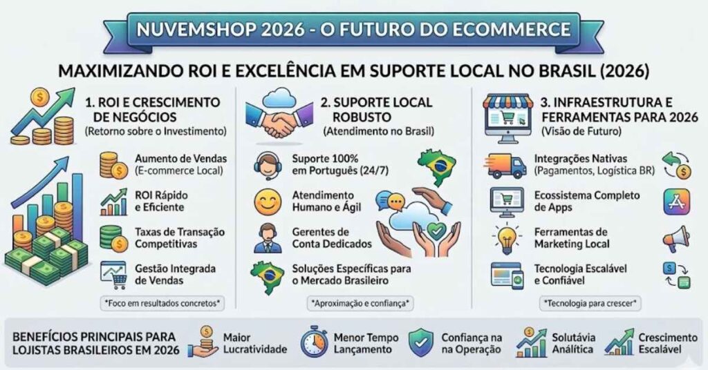 Infográfico Nuvemshop 2026: Estratégia de ROI e Suporte Local
