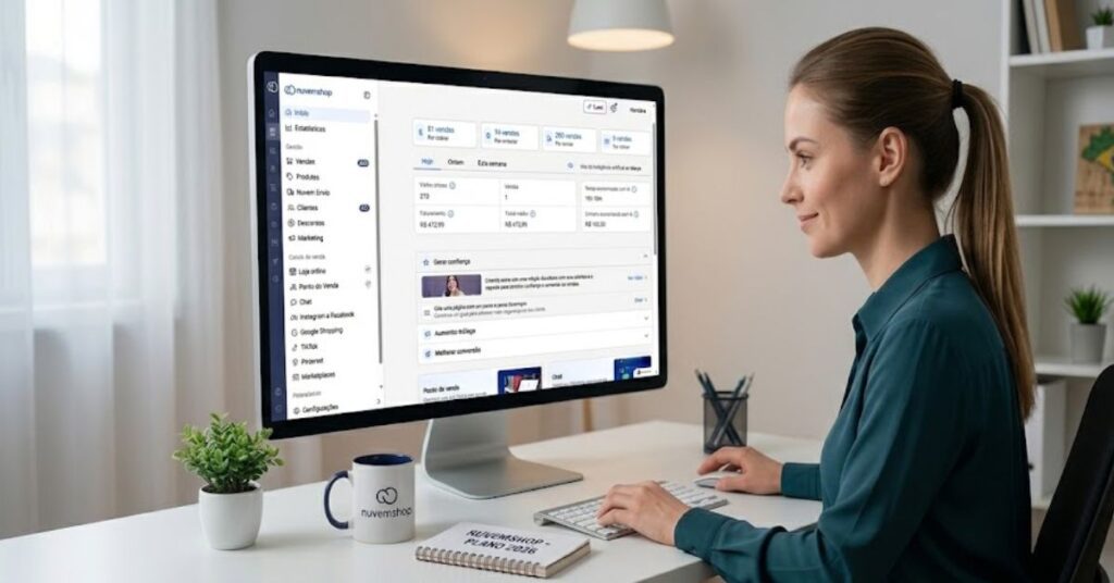 Uma pessoa sorridente em um escritório moderno, sentada em frente a um computador configurando o painel da sua loja virtual Nuvemshop.