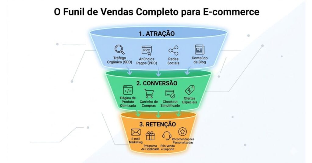 Essencial para SEO e Acessibilidade: Um infográfico vertical mostrando um funil de vendas para e-commerce dividido em três estágios: o topo azul é Atração (SEO, anúncios, redes sociais); o meio verde é Conversão (página de produto, checkout); e a base laranja é Retenção (e-mail, fidelidade). Estilo design plano.