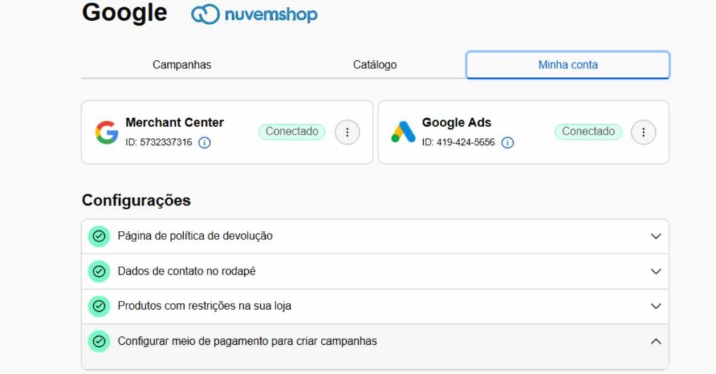 Painel de integração da Nuvemshop com Google Ads e Merchant Center exibindo checklist de configurações obrigatórias