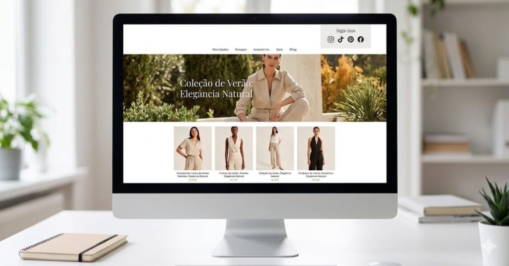 Essencial para SEO e Acessibilidade: Captura de tela de uma loja virtual de moda feminina com design minimalista e fundo branco. A página exibe uma coleção de verão e uma grade de produtos organizada. No topo direito, ícones visíveis de integração com redes sociais como Instagram e TikTok.