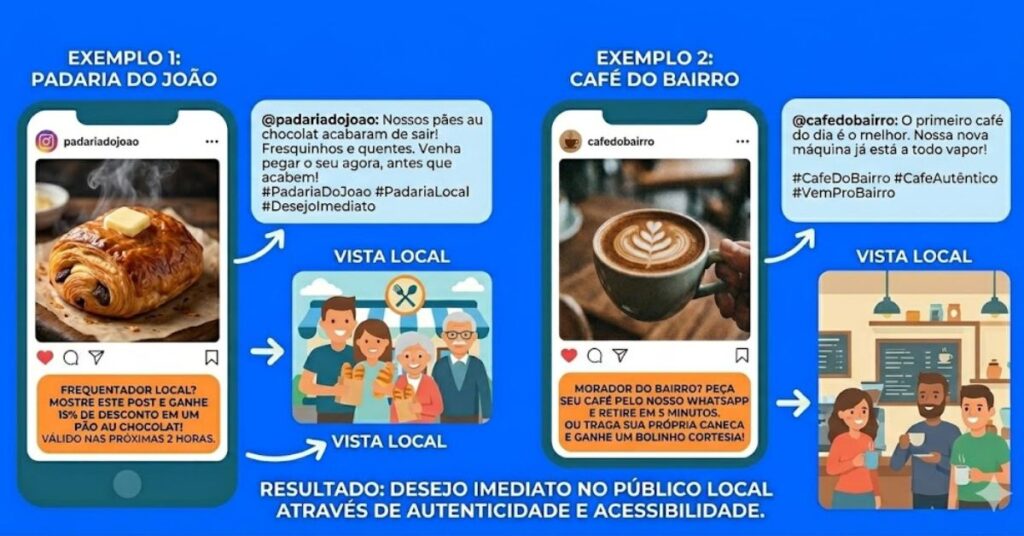 Infográfico mostrando exemplos de anúncios de Instagram para negócios locais como padarias e cafés, destacando o uso de fotos autênticas e ofertas de tempo limitado.