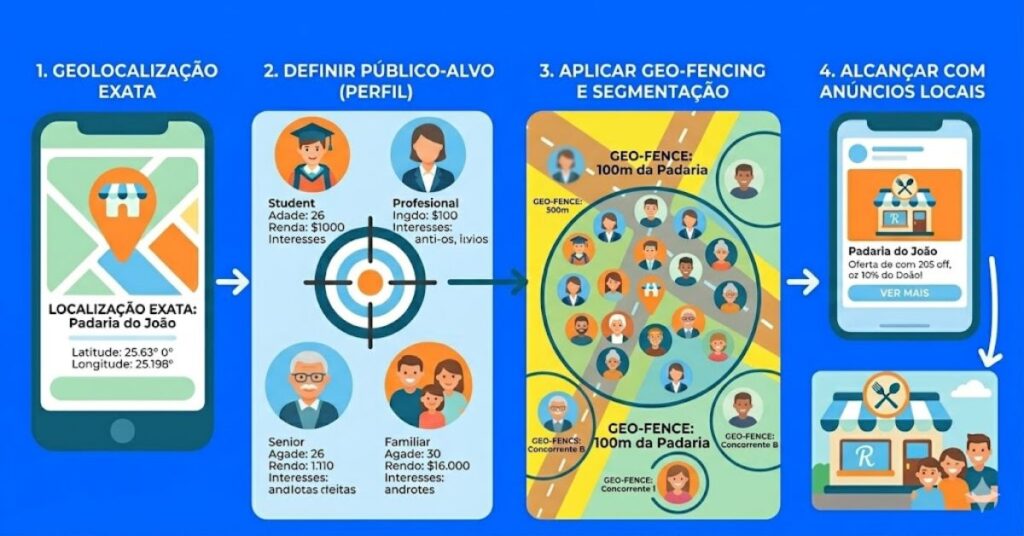 nfográfico sobre Meta Ads para negócios locais mostrando segmentação por geolocalização e raio de alcance.