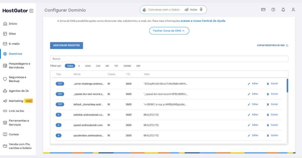Painel da HostGator com a opção de configuração manual de zona DNS destacada para apontamento à Nuvemshop